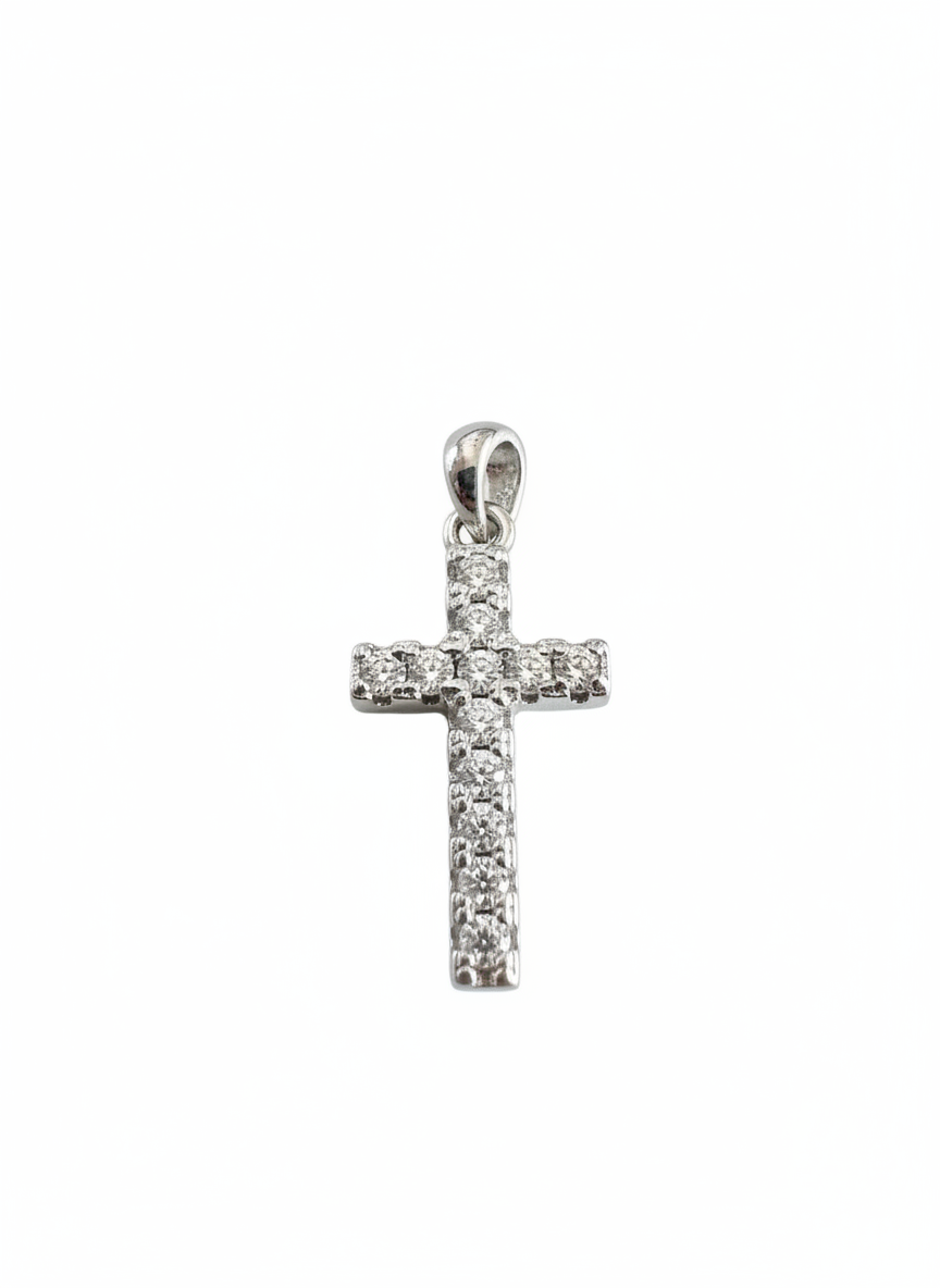 Single Row C/Z Stone Cross Pendant Sterling Silver