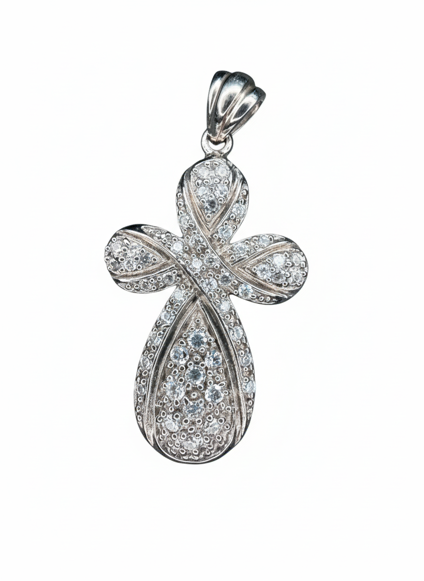 Intricate Fancy Cubic Zirconia Swirl Cross Sterling Silver Pendant