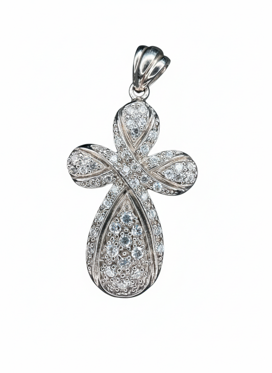 Intricate Fancy Cubic Zirconia Swirl Cross Sterling Silver Pendant