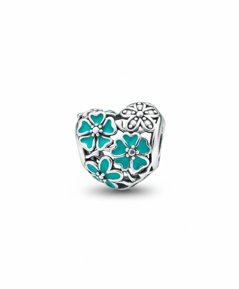 Pandora Compatible Turquoise Flower Heart Pendant Sterling Silver
