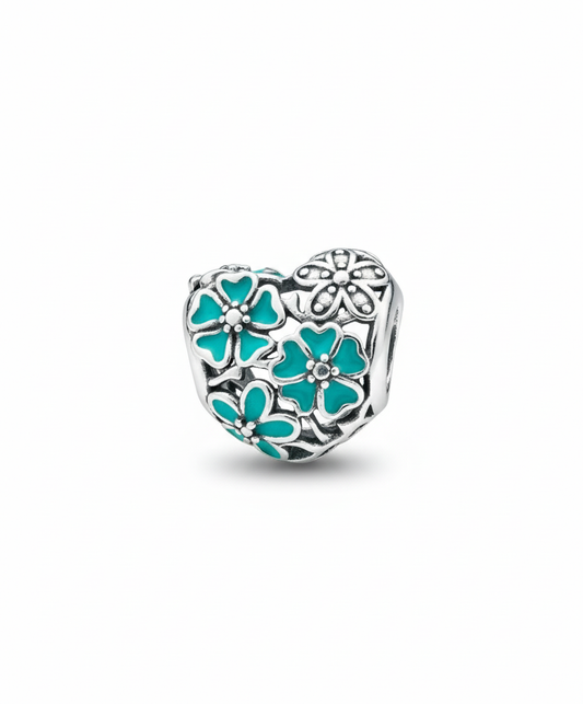 Pandora Compatible Turquoise Flower Heart Pendant Sterling Silver