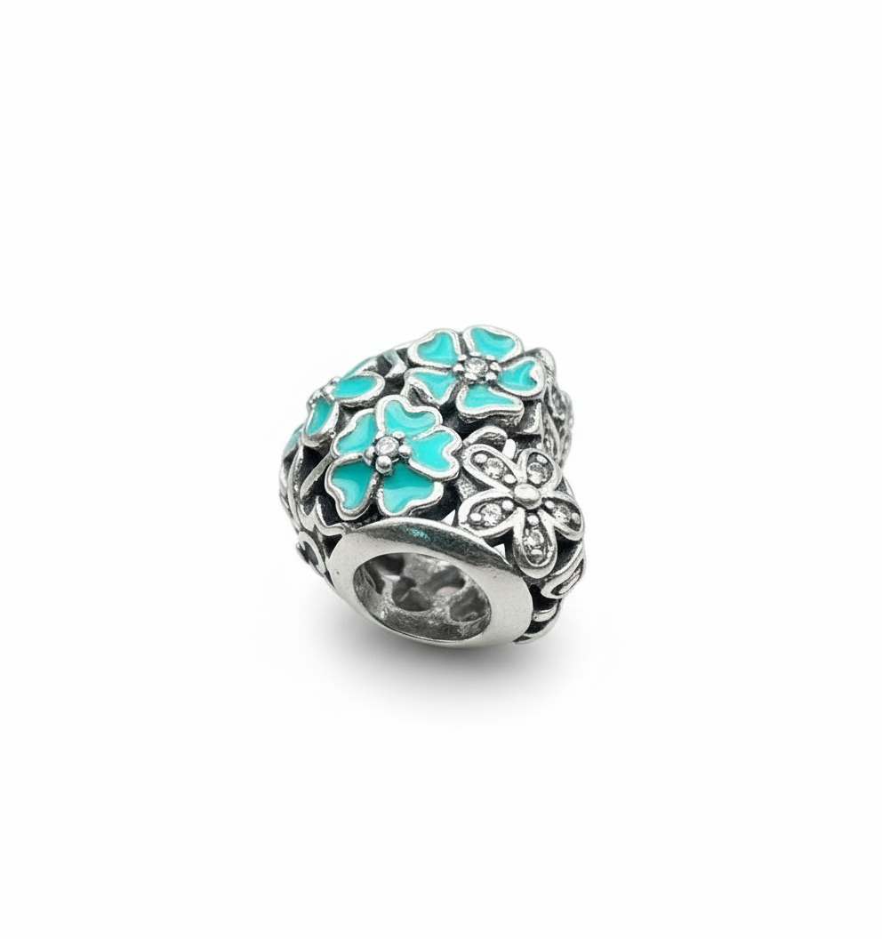 Pandora Compatible Turquoise Flower Heart Pendant Sterling Silver