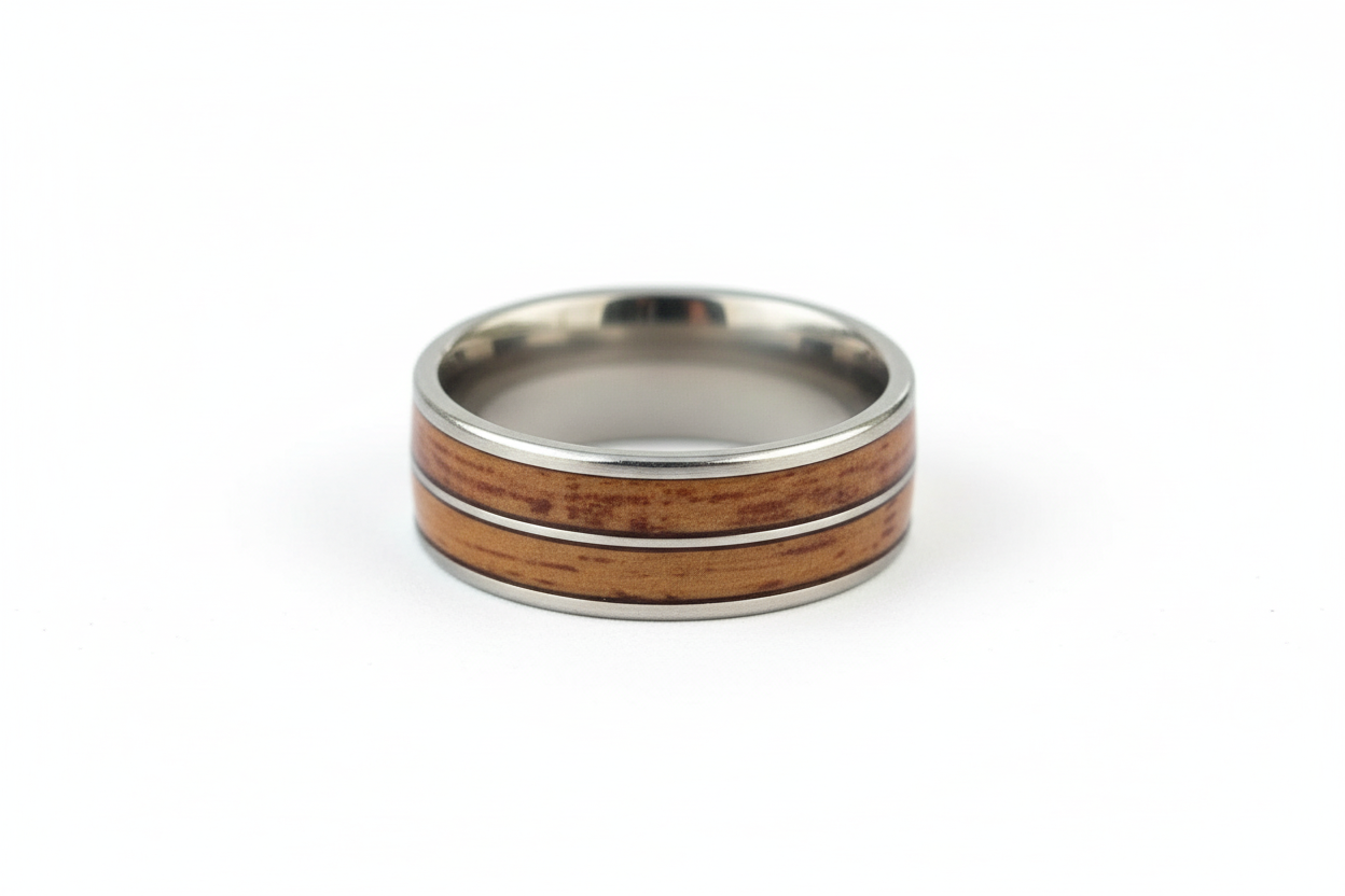 Wooden Brown and Silver Line Stainless Steel Ring