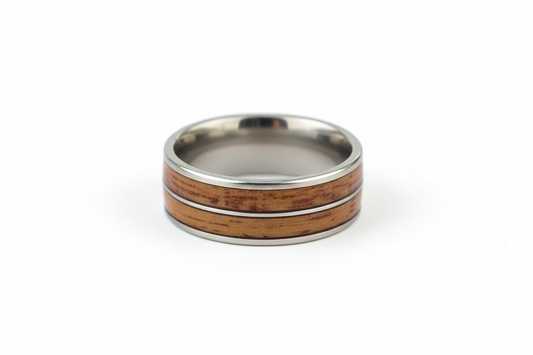 Wooden Brown and Silver Line Stainless Steel Ring