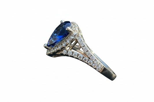 925 Sterling Silver Pear Shape Sapphire lab grown stone with halo Cubic Zirconia stone