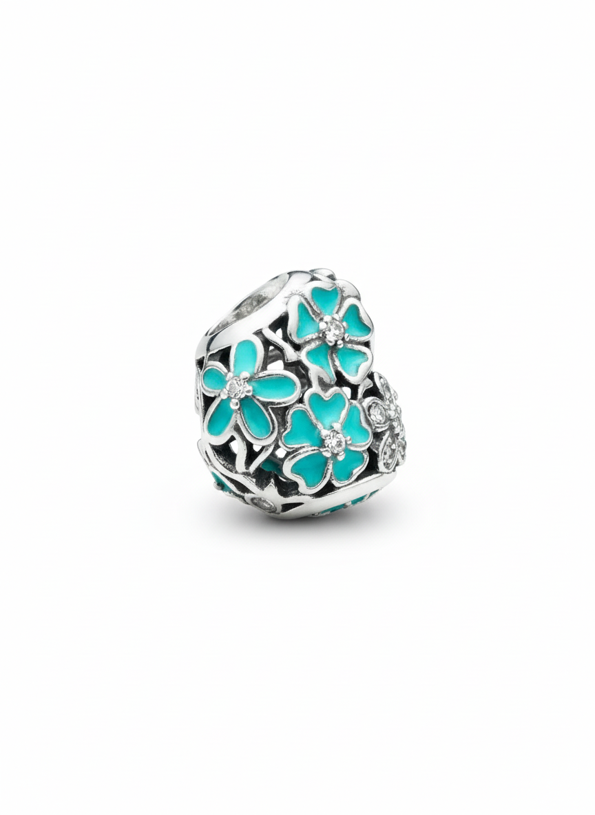 Pandora Compatible Turquoise Flower Heart Pendant Sterling Silver
