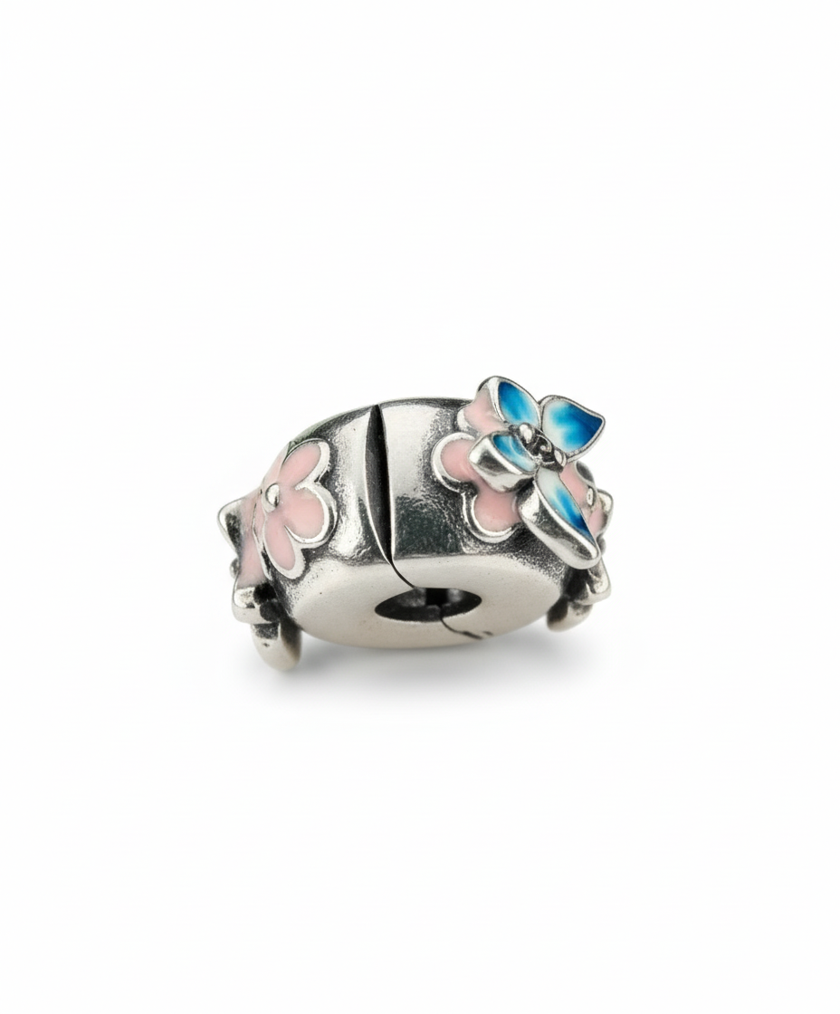 Pandora Compatible Butterfly Flowers Pendant Sterling Silver