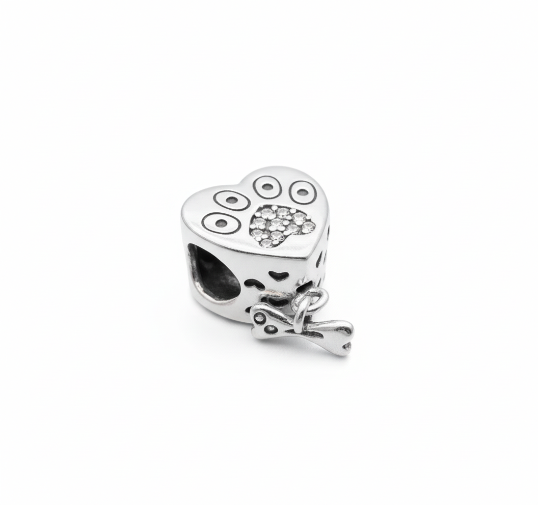 Pandora Compatible Dog Paw Heart Pendant Sterling Silver
