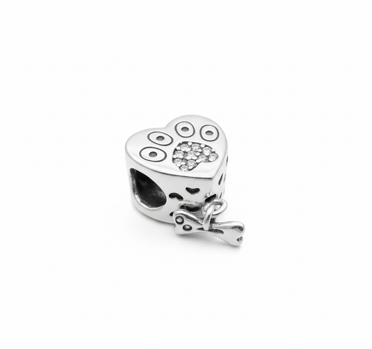 Pandora Compatible Dog Paw Heart Pendant Sterling Silver