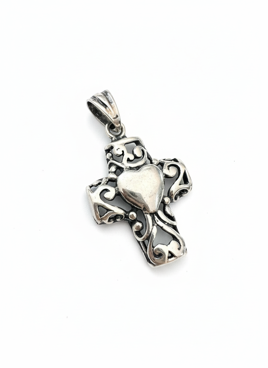 Vintage Heart Cross Pendant Sterling Silver