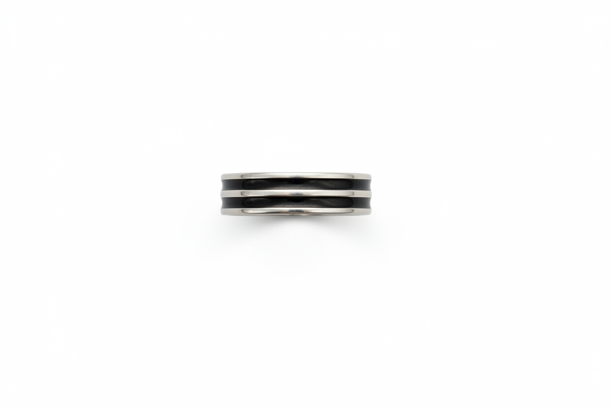 Silver with 2 Stripe Black Inlay Stainless Steel Ring