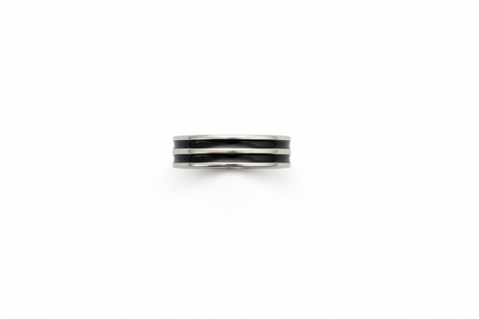 Silver with 2 Stripe Black Inlay Stainless Steel Ring