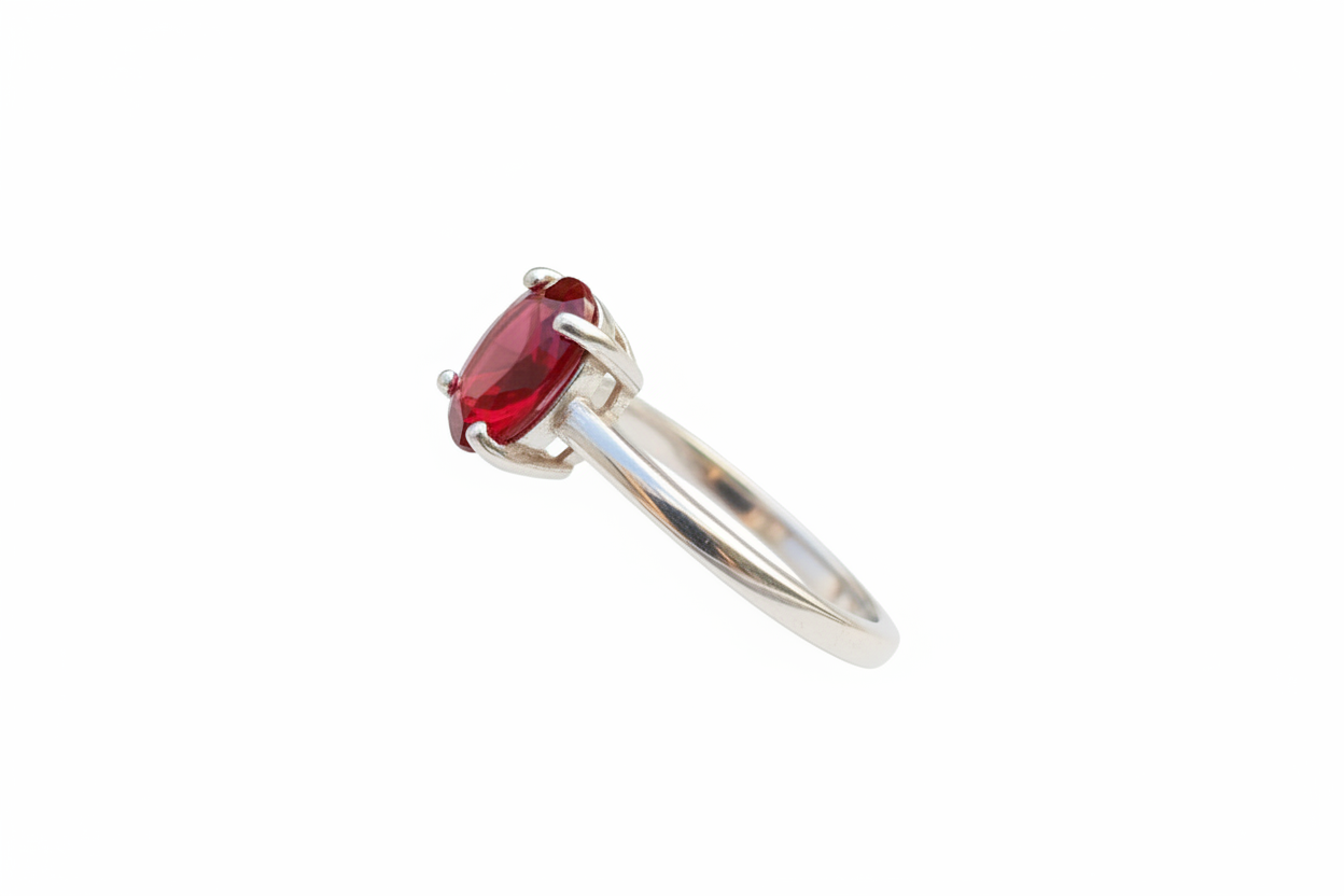 925 Sterling Silver ring with 4 claw ruby color lab grown stone