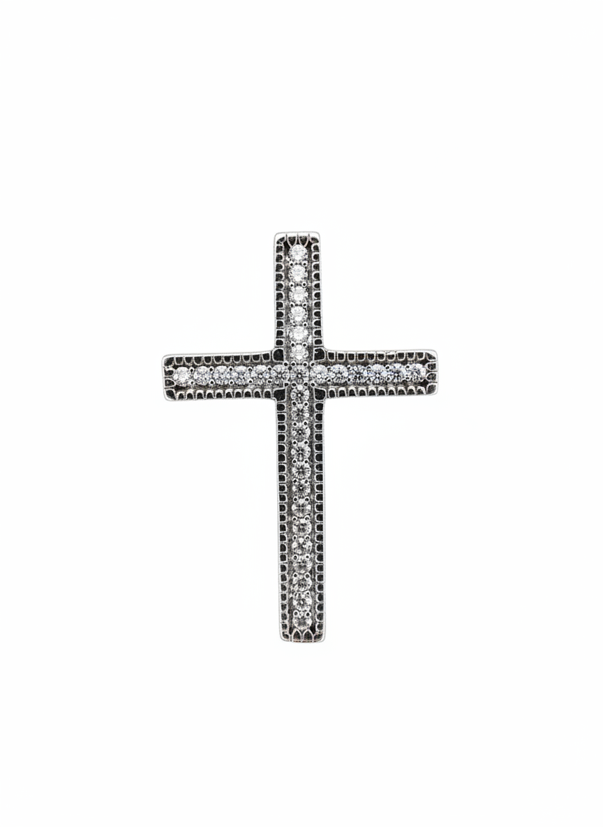 Elegant Single Stone Row Cross Pendant Sterling Silver with Cubic Zirconia Stones