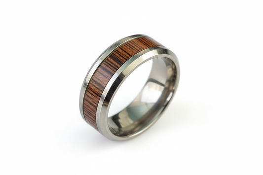 7.80mm Black and Brown Wooden Striped Vertical Insert Stainless Steel Ring