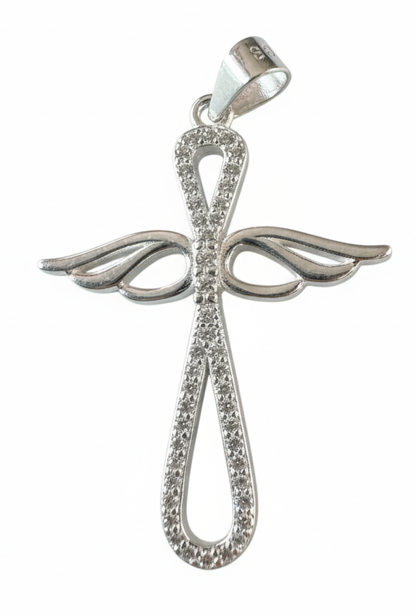 Infinity Angel Wing Cubic Cross Sterling Silver Pendant