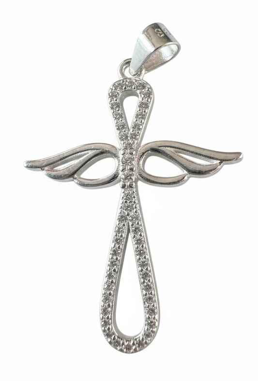 Infinity Angel Wing Cubic Cross Sterling Silver Pendant
