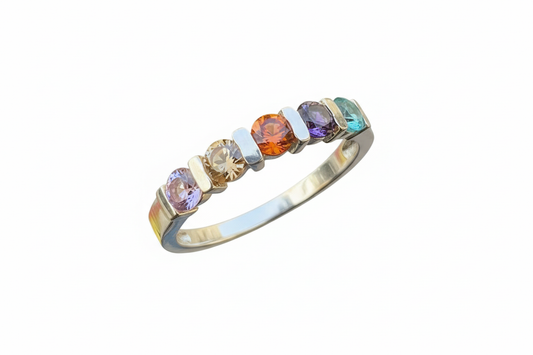 925 Sterling Silver Rainbow Cubic Ring with Round Cubic Zirconia stones