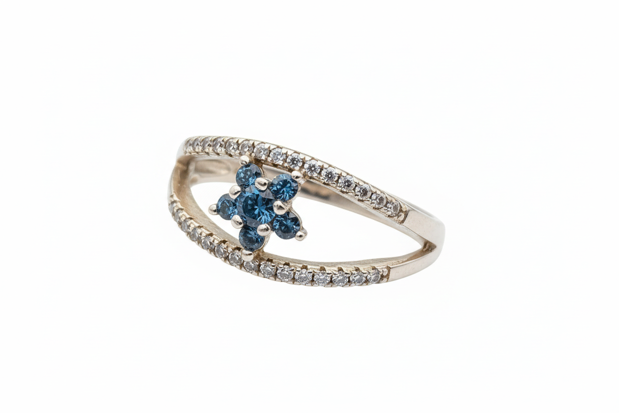 925 Sterling Silver Millennium ring with blue flower Cubic Zirconia stone