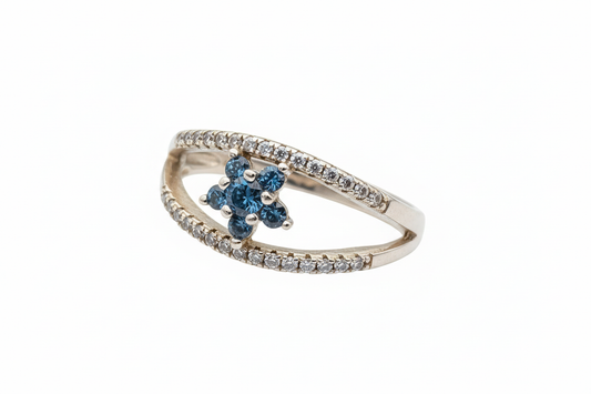 925 Sterling Silver Millennium ring with blue flower Cubic Zirconia stone