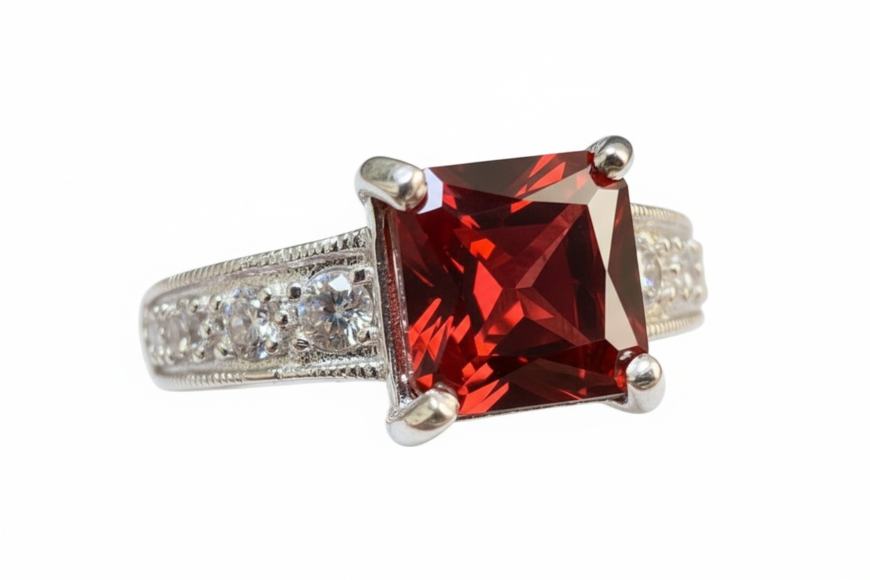 925 Sterling Silver 4 claw red Cubic Zirconia stone ring