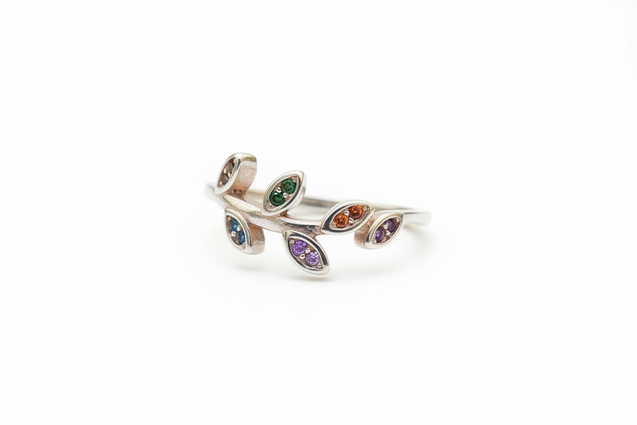 925 Sterling Silver leaf ring with colored Cubic Zirconia stones