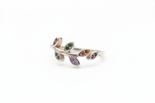 925 Sterling Silver leaf ring with colored Cubic Zirconia stones