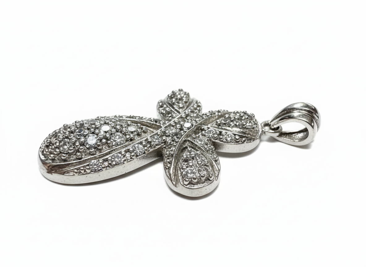 Intricate Fancy Cubic Zirconia Swirl Cross Sterling Silver Pendant