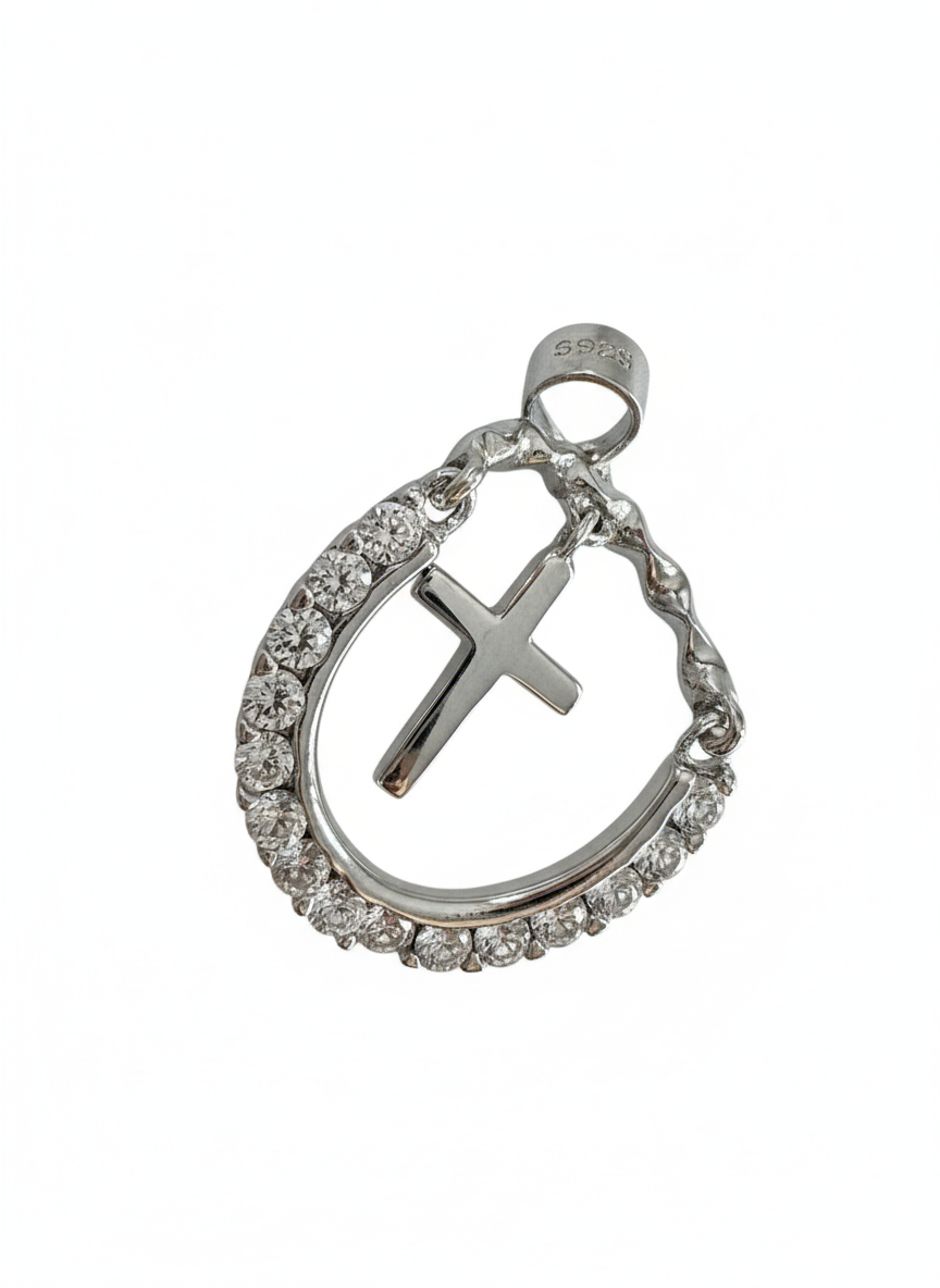 Hanging Cross Pendant Sterling Silver with Cubic Zirconia Stones