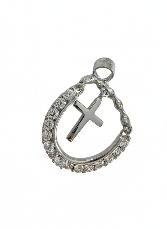 Hanging Cross Pendant Sterling Silver with Cubic Zirconia Stones