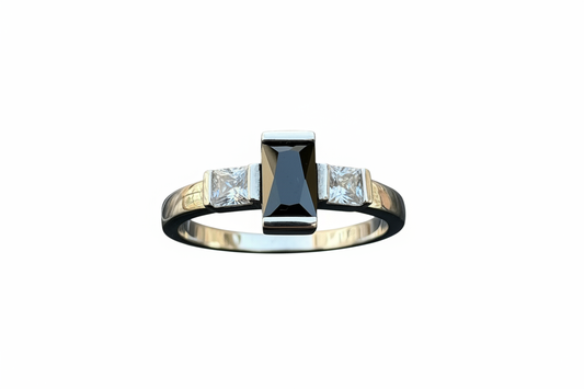 925 Sterling Silver Rectangle Black Cubic Ring with 2 Cubic Zirconia stones