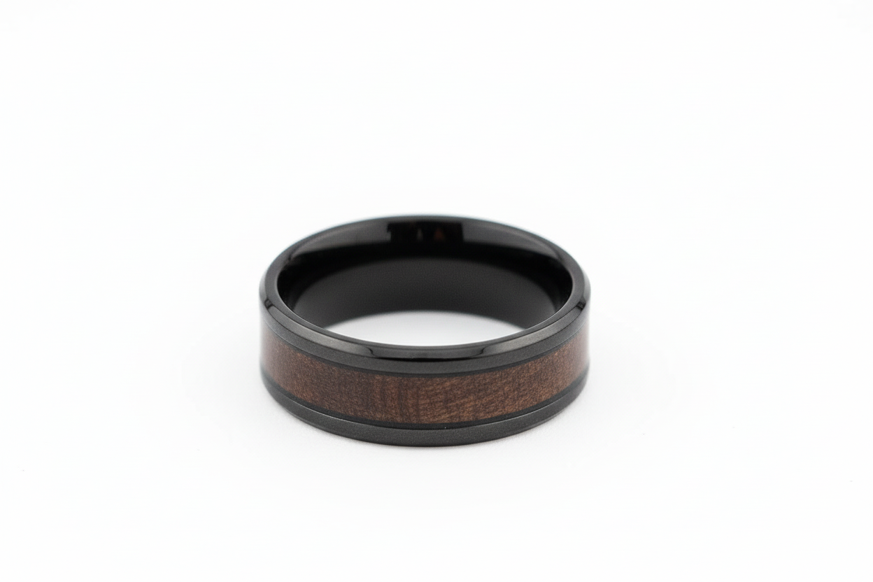 Black and Dark Brown Wooden Insert Stainless Steel Ring