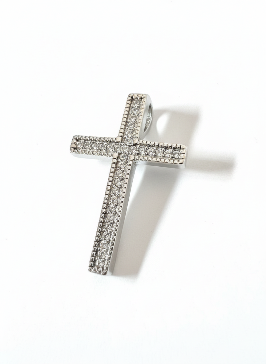 Elegant Single Stone Row Cross Pendant Sterling Silver with Cubic Zirconia Stones