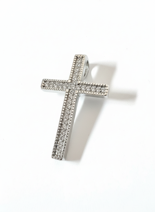Elegant Single Stone Row Cross Pendant Sterling Silver with Cubic Zirconia Stones