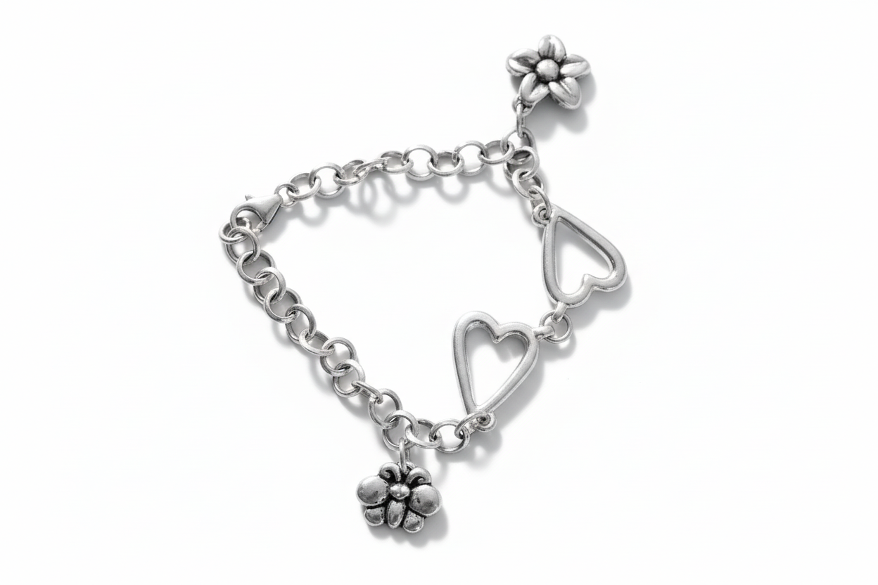 Anchor Chain with Heart/ Butterfly and Flower pendant Silver Bracelet