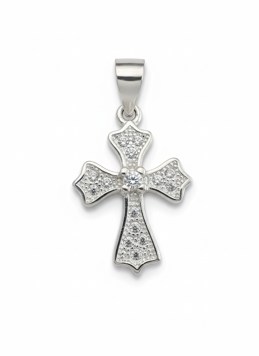 Tiny Templar Cubic Zirconia Cross Sterling Silver Pendant