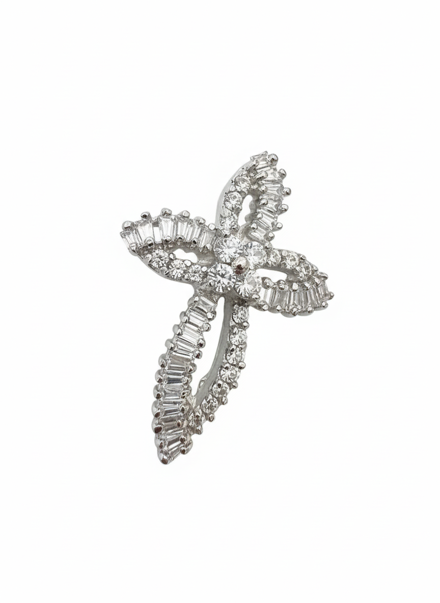 Hollow Shiny Cross Pendant Sterling Silver with Cubic Zirconia Stones