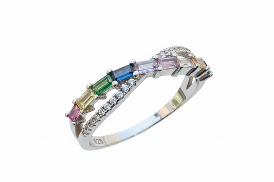 925 Sterling Silver Rainbow Cubic Ring with Cubic Zirconia stones