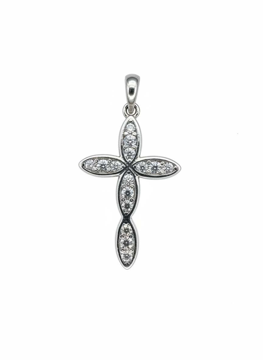Oval Cross Pendant Sterling Silver with Cubic Zirconia Stones