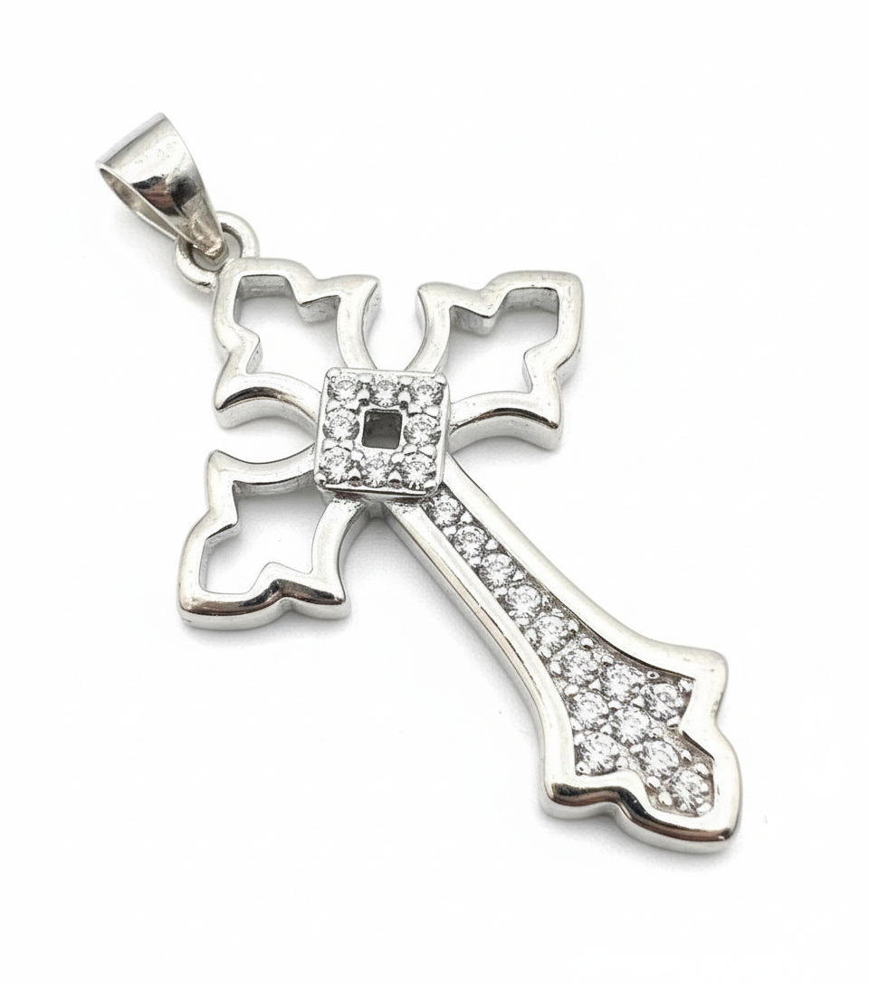 Hollow Point Cross Sterling Silver with Cubic Zirconia Stones
