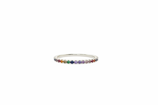 925 Sterling Silver thin ring with rainbow Cubic Zirconia stones