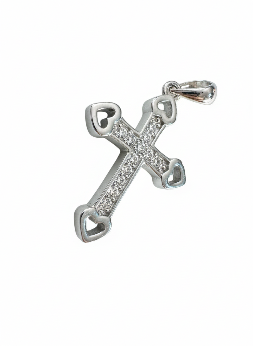 Heart Edge Cross Pendant Sterling Silver with Cubic Zirconia Stones
