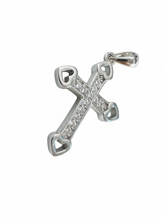 Heart Edge Cross Pendant Sterling Silver with Cubic Zirconia Stones