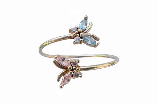 925 Sterling Silver butterfly ring with pink and blue Cubic Zirconia stones