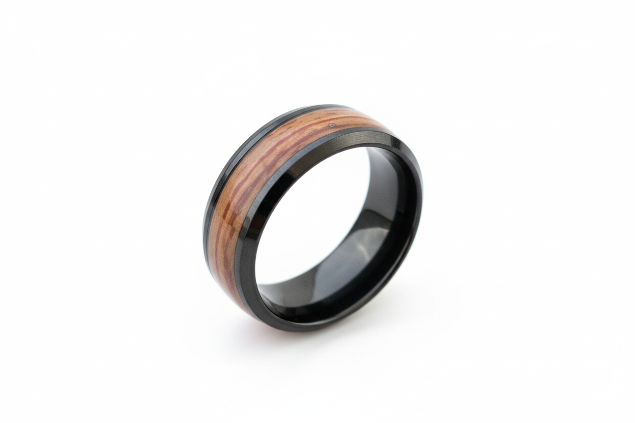 Black and Brown Wooden Striped Horizontal Insert Stainless Steel Ring