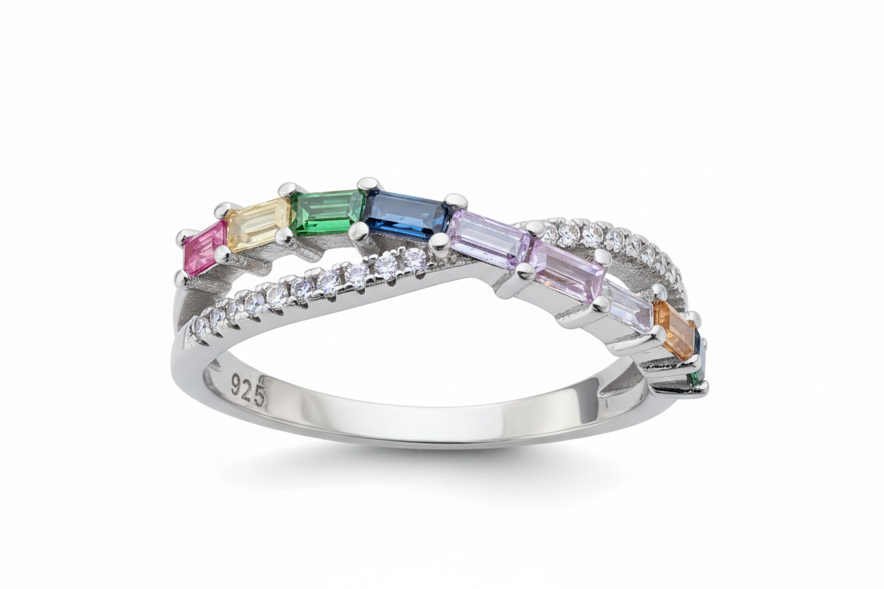 925 Sterling Silver Rainbow Cubic Ring with Cubic Zirconia stones
