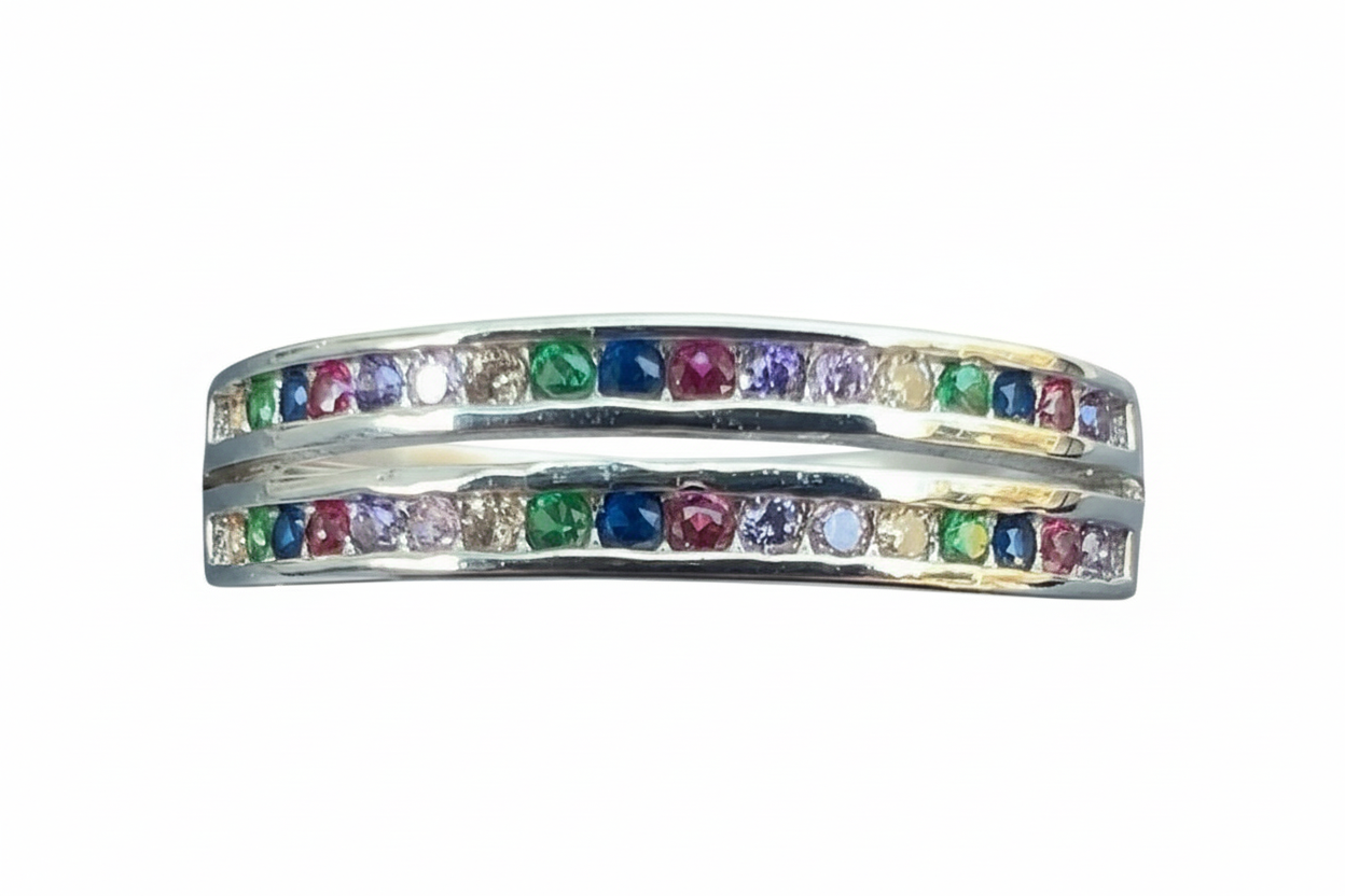 925 Sterling Silver ring with double joined rainbow Cubic Zirconia stones
