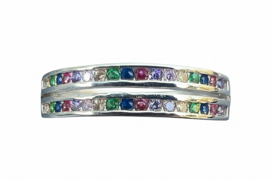 925 Sterling Silver ring with double joined rainbow Cubic Zirconia stones