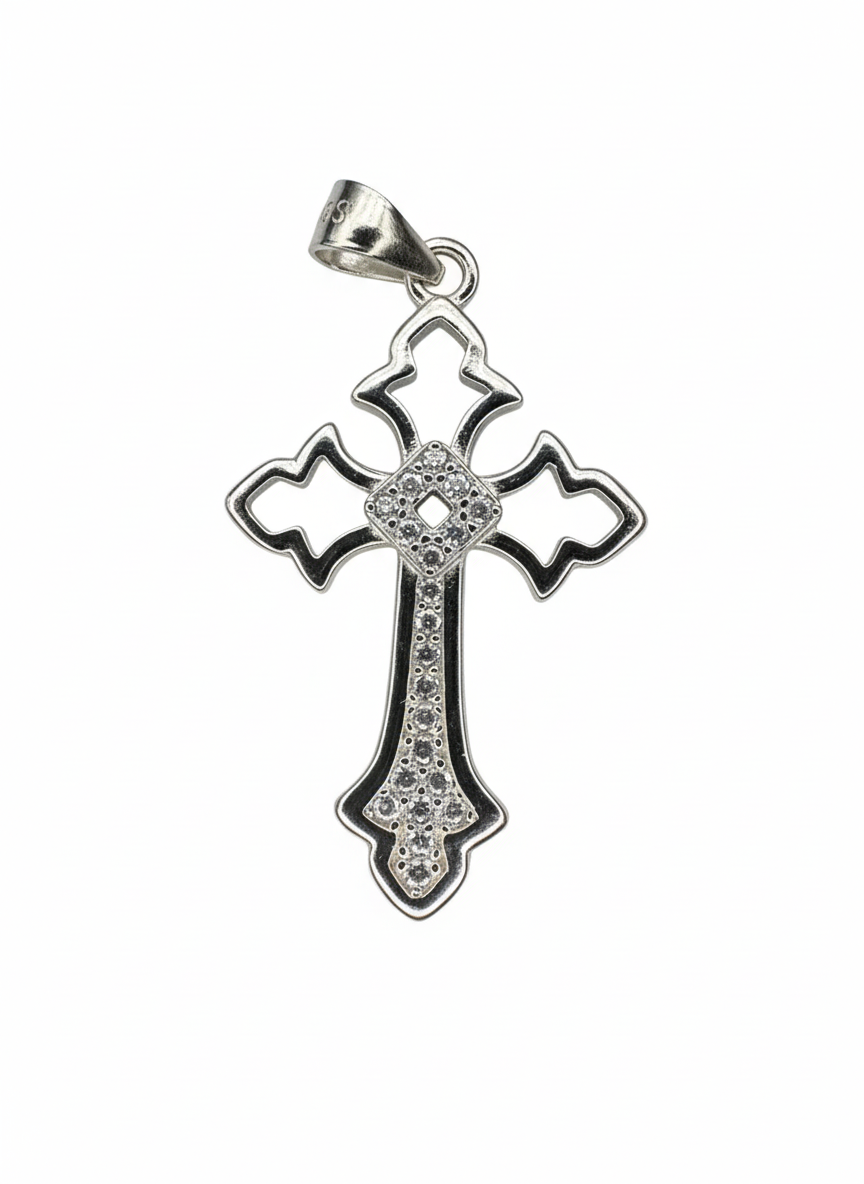 Hollow Point Cross Sterling Silver with Cubic Zirconia Stones
