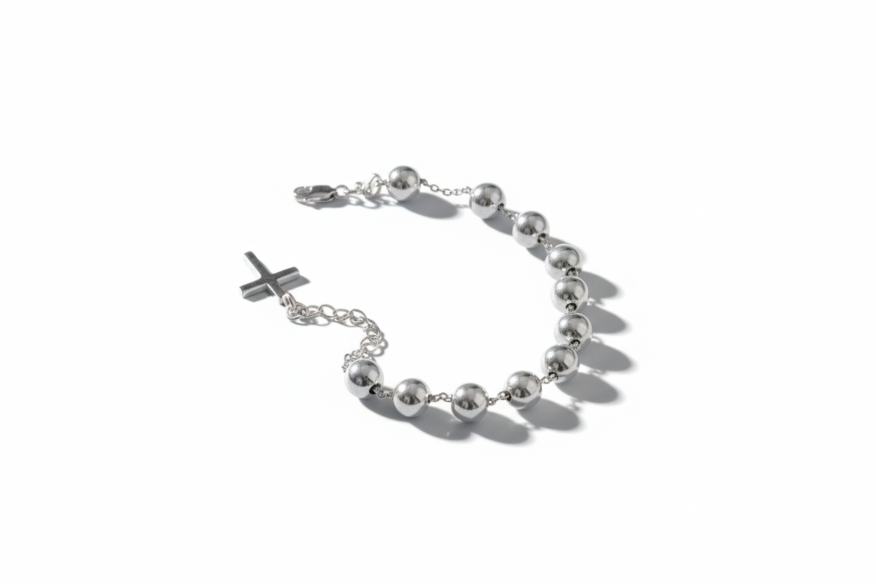 Anchor Chain 10 ball + Cross Pendant Silver Bracelet